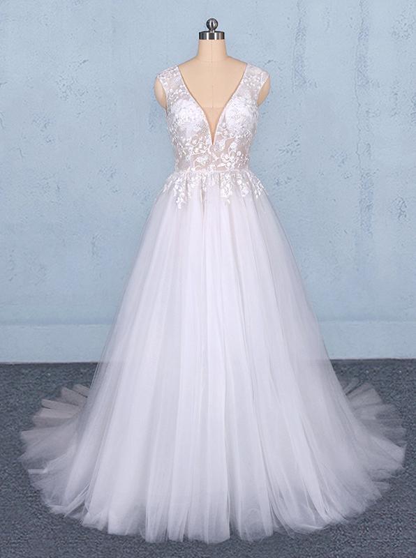 Tulle Beach Wedding Dresses with Appliques, V-neck Backless Bridal Dress PW115