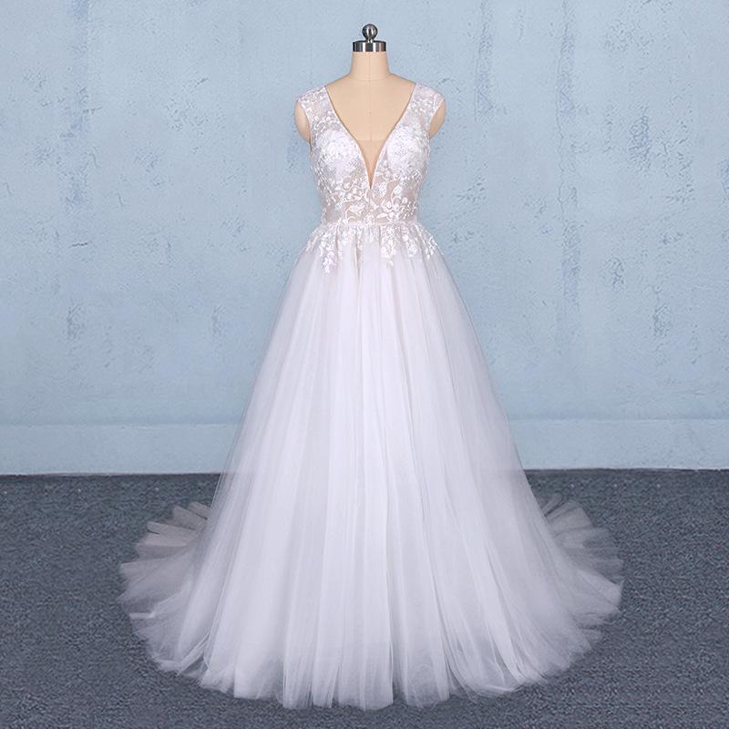 Tulle Beach Wedding Dresses with Appliques, V-neck Backless Bridal Dress PW115