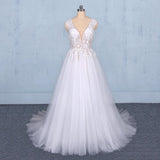 Tulle Beach Wedding Dresses with Appliques, V-neck Backless Bridal Dress PW115