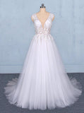 Tulle Beach Wedding Dresses with Appliques, V-neck Backless Bridal Dress PW115