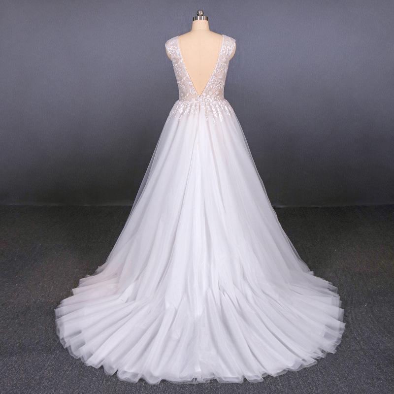 Tulle Beach Wedding Dresses with Appliques, V-neck Backless Bridal Dress PW115