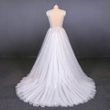Tulle Beach Wedding Dresses with Appliques, V-neck Backless Bridal Dress PW115