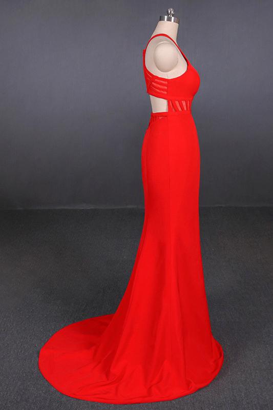 Halter Red Prom Dresses Mermaid Long Evening Dress With Cut Out Back MP191