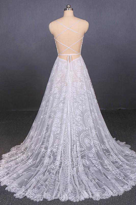 Spaghetti Straps Lace Wedding Dresses Backless Beach Bridal Dresses PW113