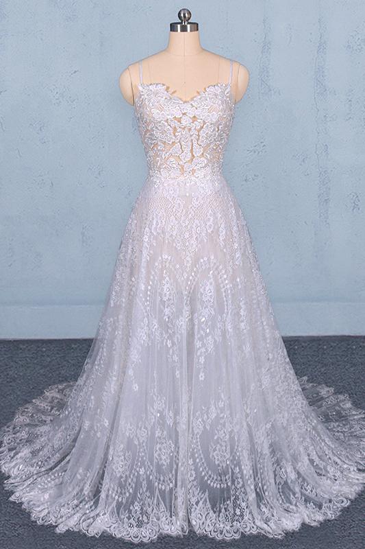Spaghetti Straps Lace Wedding Dresses Backless Beach Bridal Dresses PW113