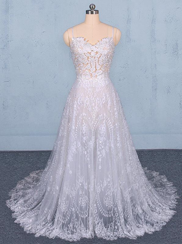 Spaghetti Straps Lace Wedding Dresses Backless Beach Bridal Dresses PW113