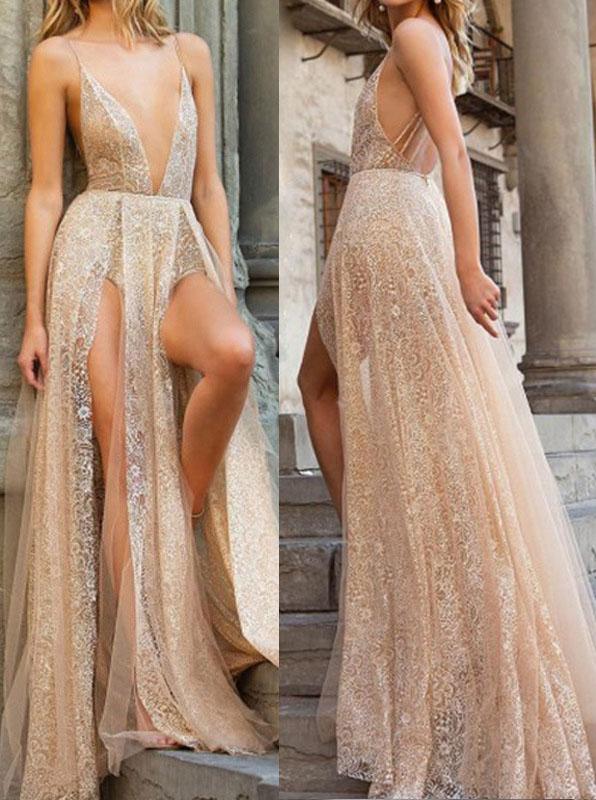 Flowy Glitter Sparkle Prom Dresses Backless Evening Dress With Split MP205