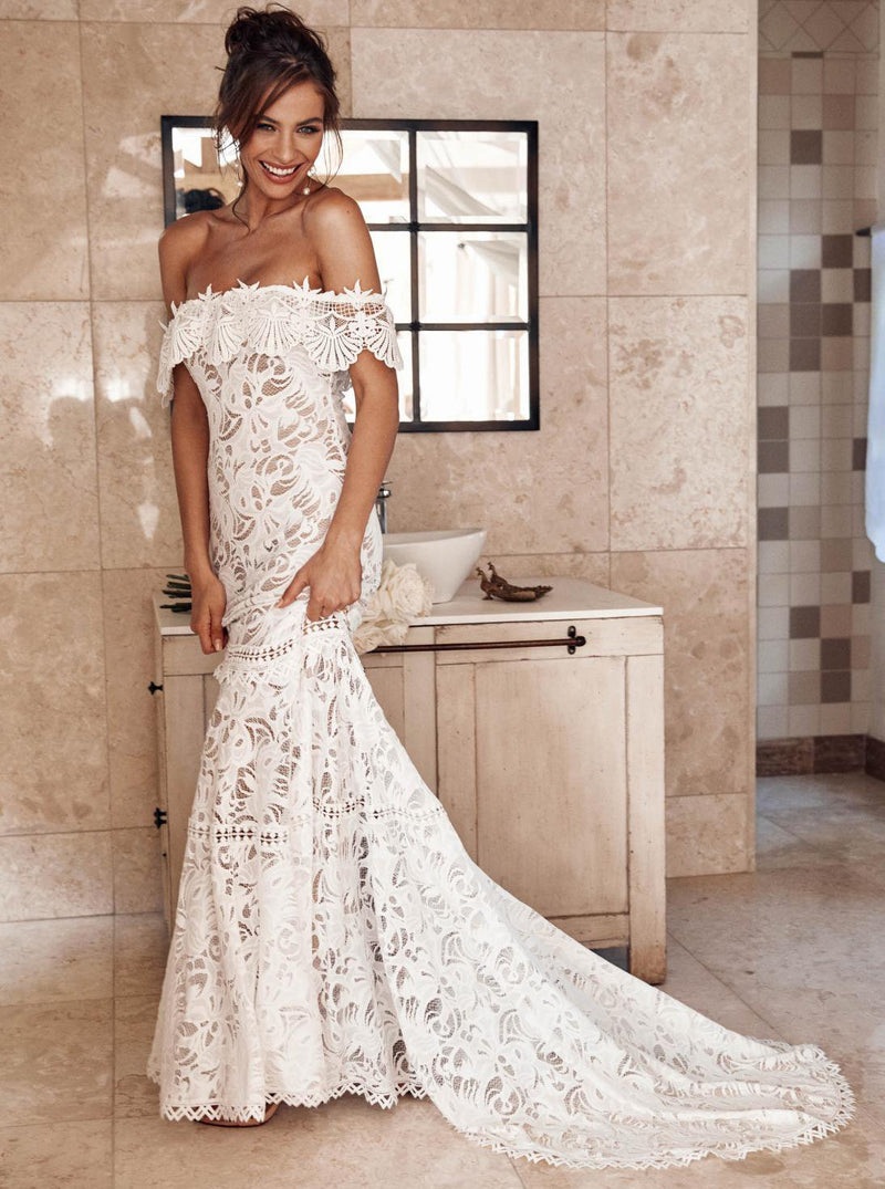 Elegant Off Shoulder Ivory Mermaid Lace Beach Wedding Dress PW121