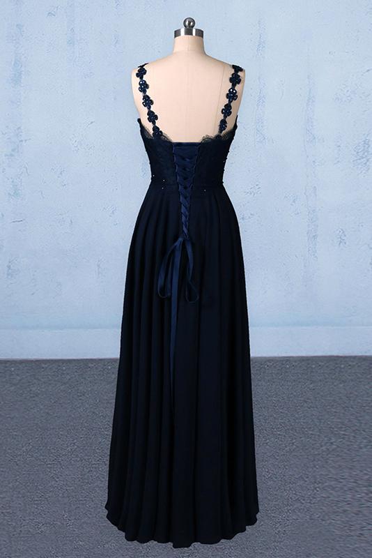 New Flower Straps V-neck Navy Blue Long Prom Evening Dresses MP190