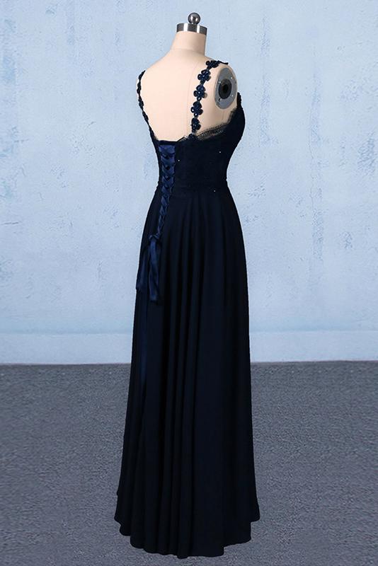 New Flower Straps V-neck Navy Blue Long Prom Evening Dresses MP190
