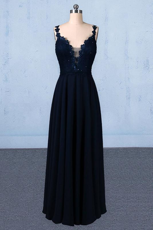 New Flower Straps V-neck Navy Blue Long Prom Evening Dresses MP190