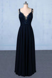 New Flower Straps V-neck Navy Blue Long Prom Evening Dresses MP190