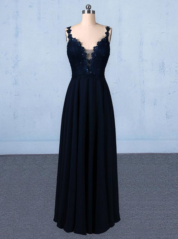 New Flower Straps V-neck Navy Blue Long Prom Evening Dresses MP190