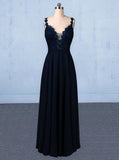 New Flower Straps V-neck Navy Blue Long Prom Evening Dresses MP190