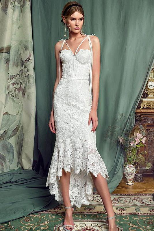 Simple Spaghetti-straps Lace Sheath Prom Dress, Lace Wedding Dress PW122