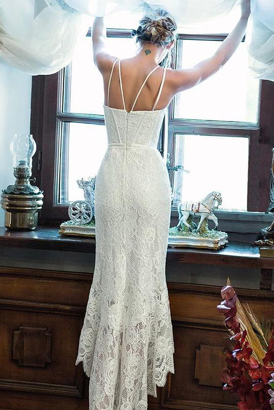 Simple Spaghetti-straps Lace Sheath Prom Dress, Lace Wedding Dress PW122