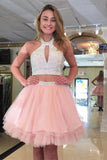 pink halter two piece short homecoming dresses with beading