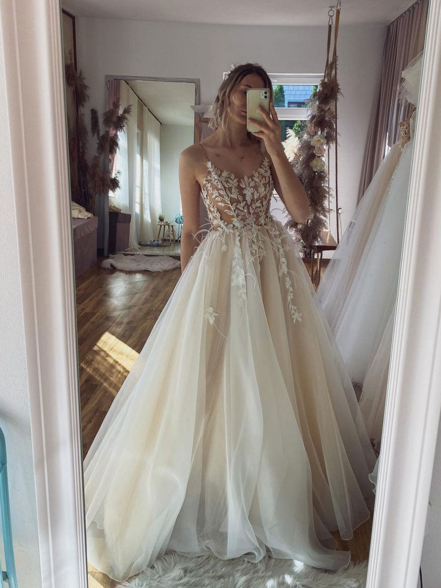 champagne a line tulle strapless wedding dresses beach bridal gown