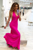 Mermaid Hot Pink Long Prom Dresses V-neck Halter Long Evening Dress GP386