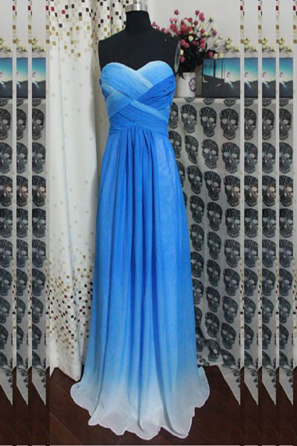 cut out beading back long prom dress sweetheart blue ombre formal dress