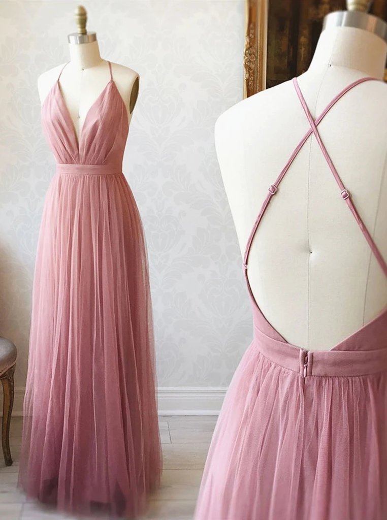 A Line V Neck Backless Bridesmaid Dresses, Simple Tulle Evening Dress GB401