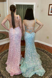 one shoulder backless pink long prom dresses with slit sequined evening gown