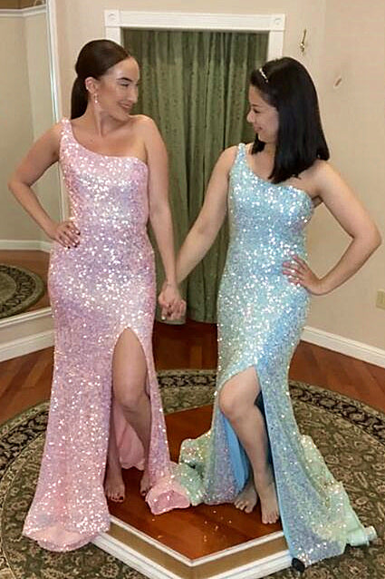 one shoulder backless pink long prom dresses with slit sequined evening gown