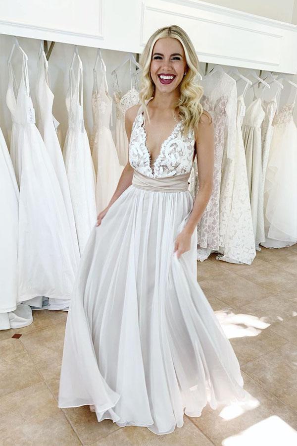 elegant ivory a line v neck tulle wedding dress with lace