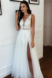 V-neck Tulle Lace Appliques A-line Wedding Dress Slit Beach Bridal Gown PW491