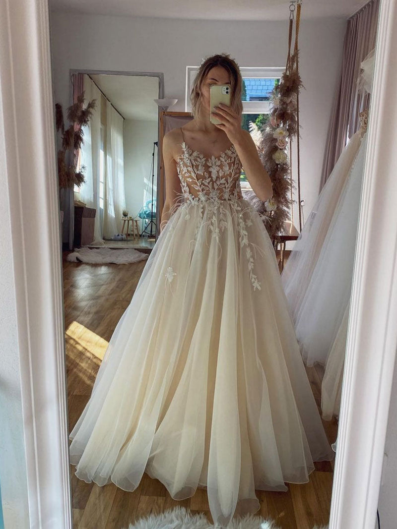 champagne a line tulle strapless wedding dresses beach bridal gown