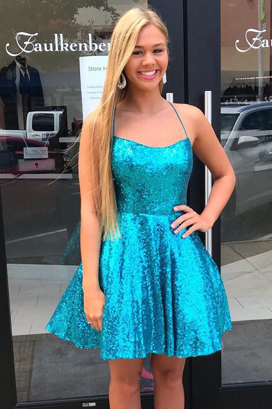 sparkly blue short homecoming dresses criss cross back sequins party dress