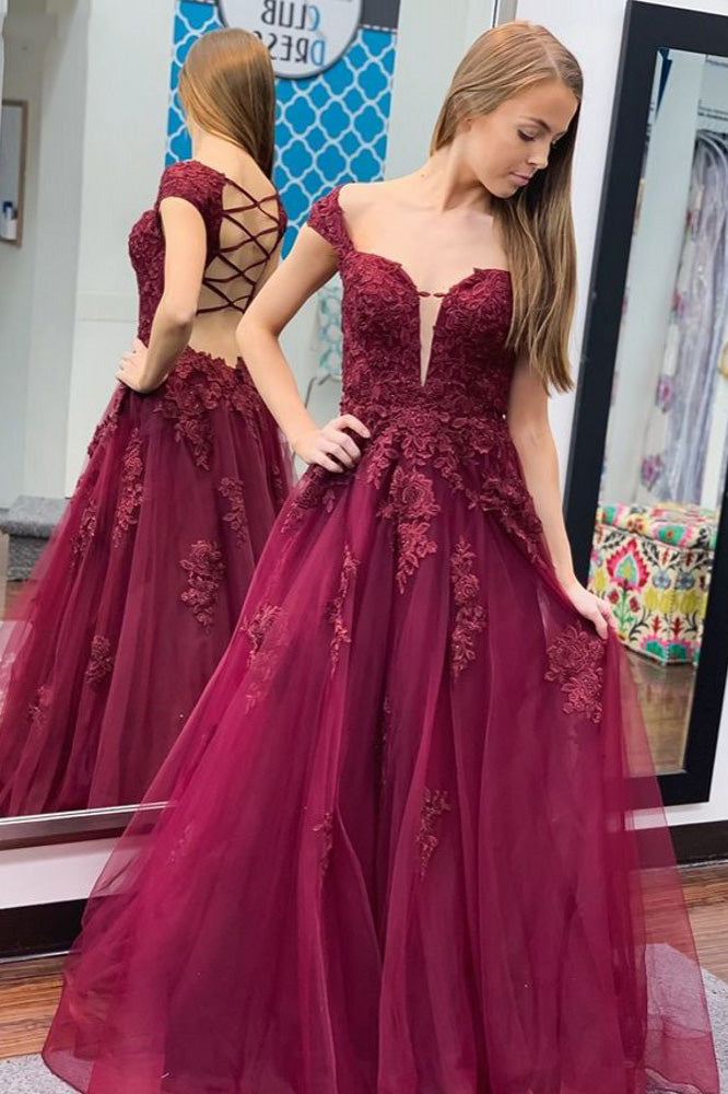 Off shoulder v-neck tulle appliques long backless prom dresses mg298