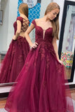 Off Shoulder V-neck Tulle Appliques Long Backless Prom Dress MG298