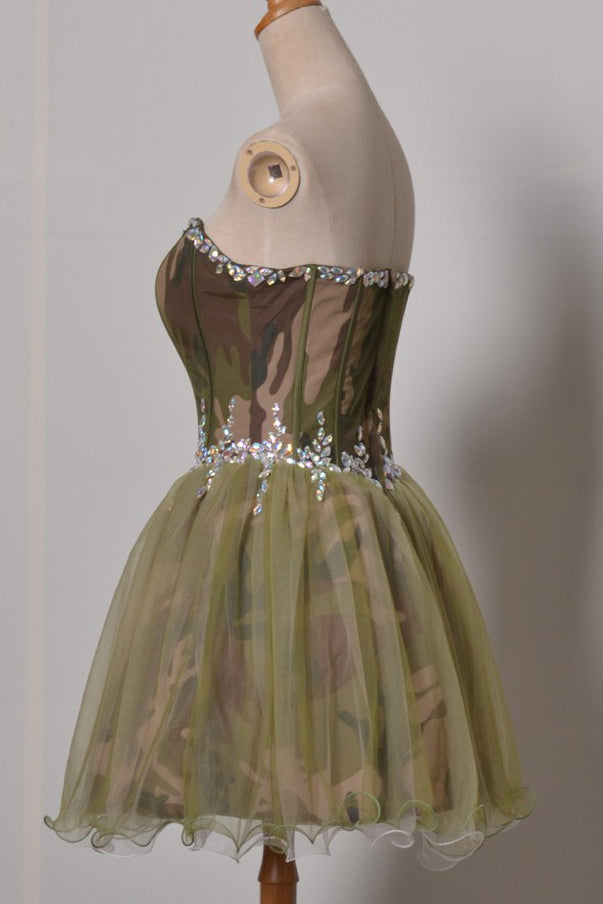 sweetheart camouflage short homecoming dress with rhinestones