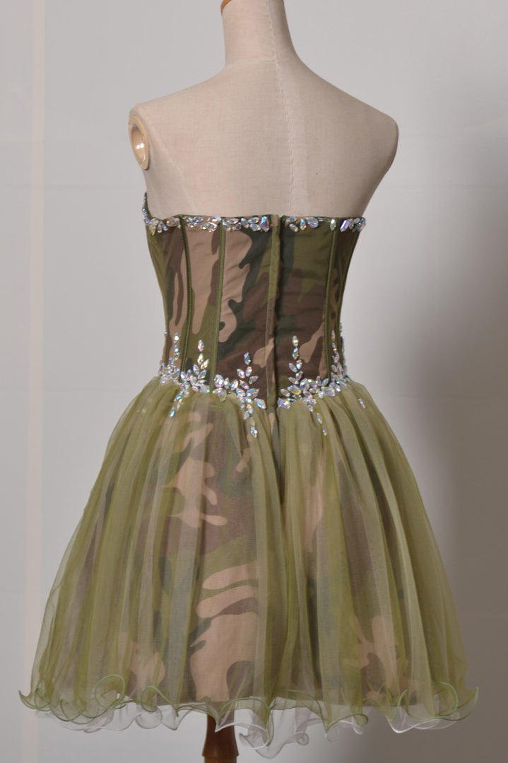 sweetheart camouflage short homecoming dress with rhinestones