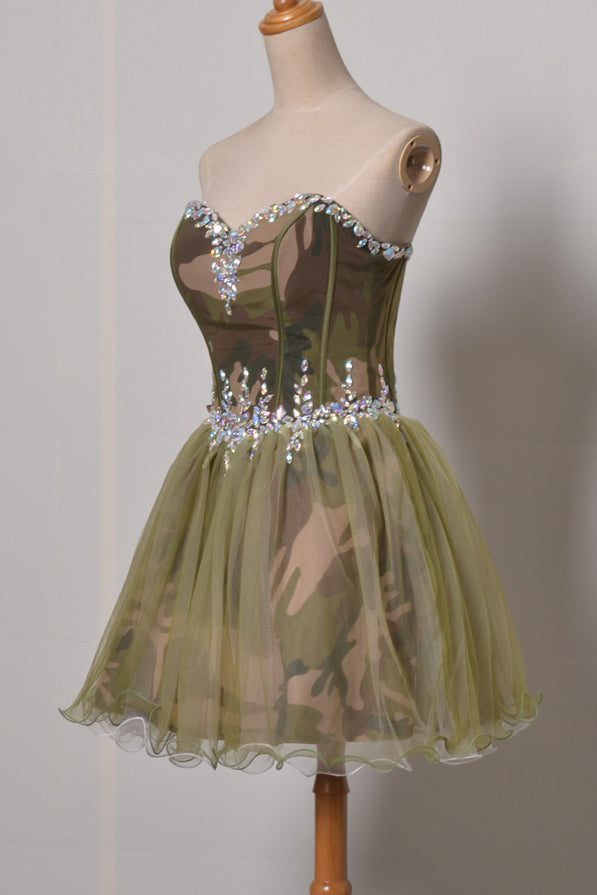 sweetheart camouflage short homecoming dress with rhinestones