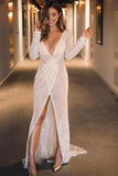 Plunging V-neck Mermaid Long Sleeves Prom Evening Dresses With Slit MP158