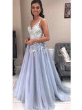 A-line V-neck Tulle Long Prom Dresses with Lace Appliques MG168