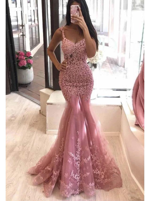 Mermaid lace long prom dresses, dusty pink tulle evening dress mg29