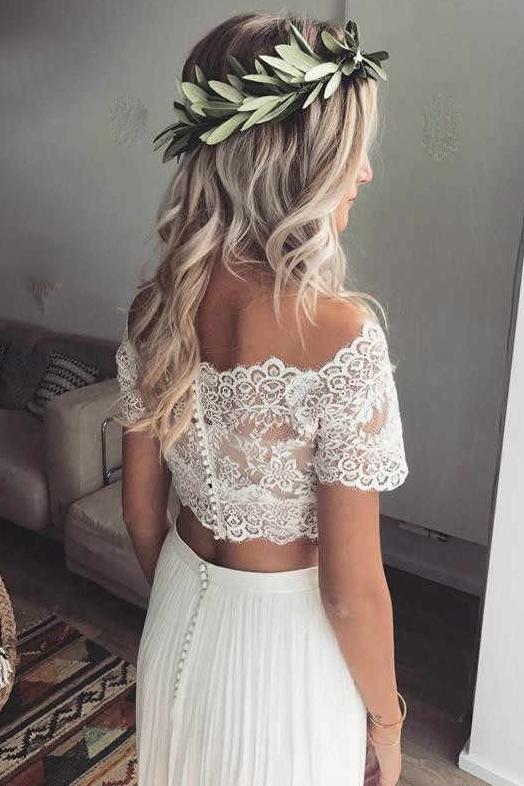 Short Sleeves Two Piece Boho Wedding Dress, Chiffon Beach Wedding Dresses PW08