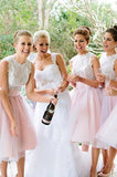 A-Line Jewel Neck Lace Tulle Knee Length Bridesmaid Dresses PB186