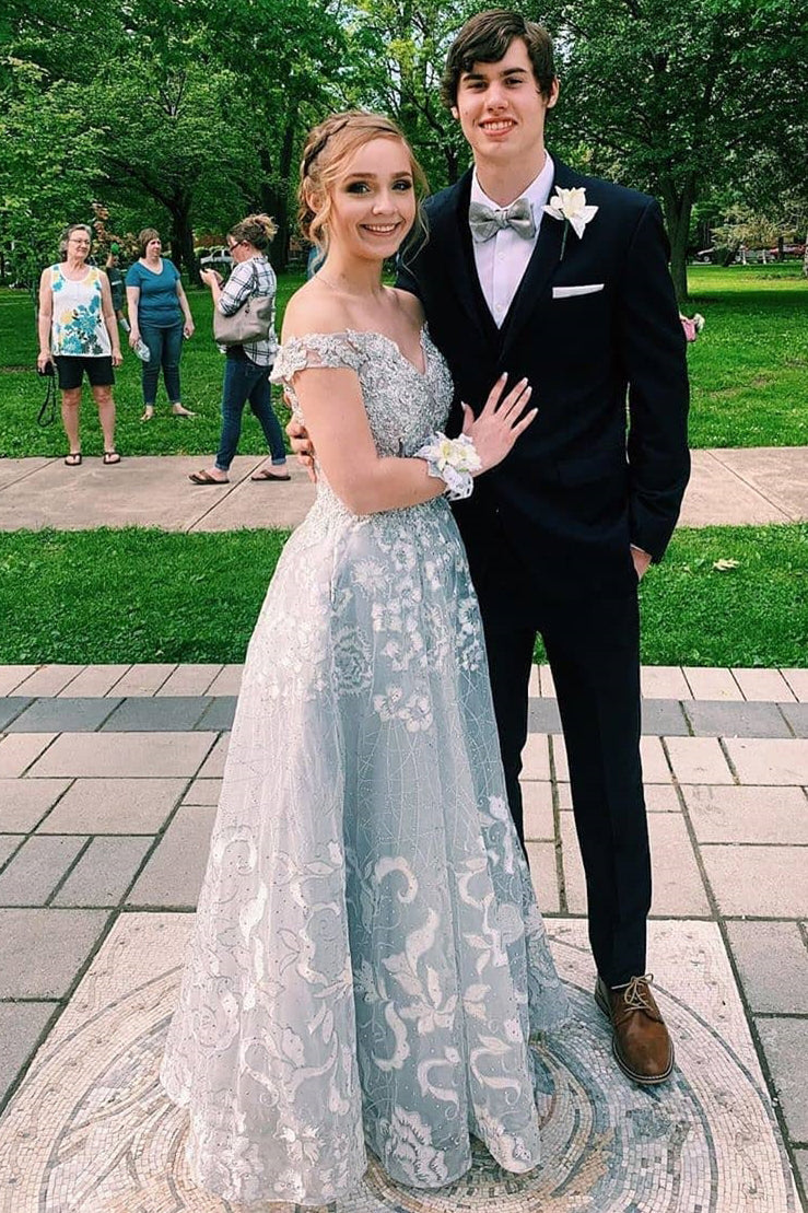 long lace prom dress off shoulder beaded applique graduation gown