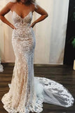 spaghetti straps mermaid sleeveless lace wedding dresses with appliques