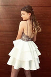 short spaghetti prom dresses backless homecoming dress with layered