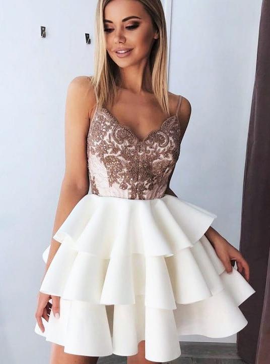 short spaghetti prom dresses backless homecoming dress with layered