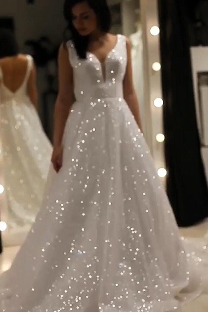 a line v neck sparkly wedding dress sequin backless prom wedding dress
