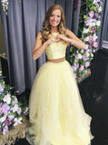 Two piece tulle simple long prom dress, yellow military ball dresses mg159