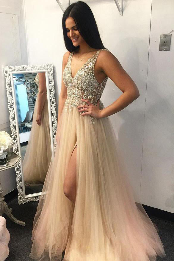 deep v neck beading tulle sleeveless long prom dress with split