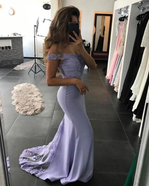 lavender off the shoulder lace satin mermaid prom dresses