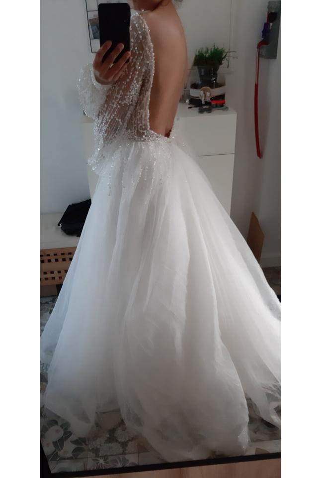 Sparkle Long Sleeve V-neck Sequins Beach Wedding Dresses Backless Bridal Gown PW126